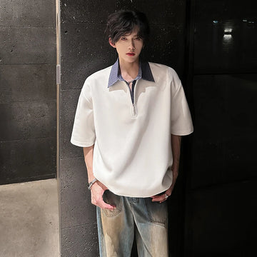 Riolio POLO shirt Mens Luxury new Solid Color Half Zip Polo Checkered Collar Stylish Trendy Streetwear T-Shirt Urban Fashion Casual Wear